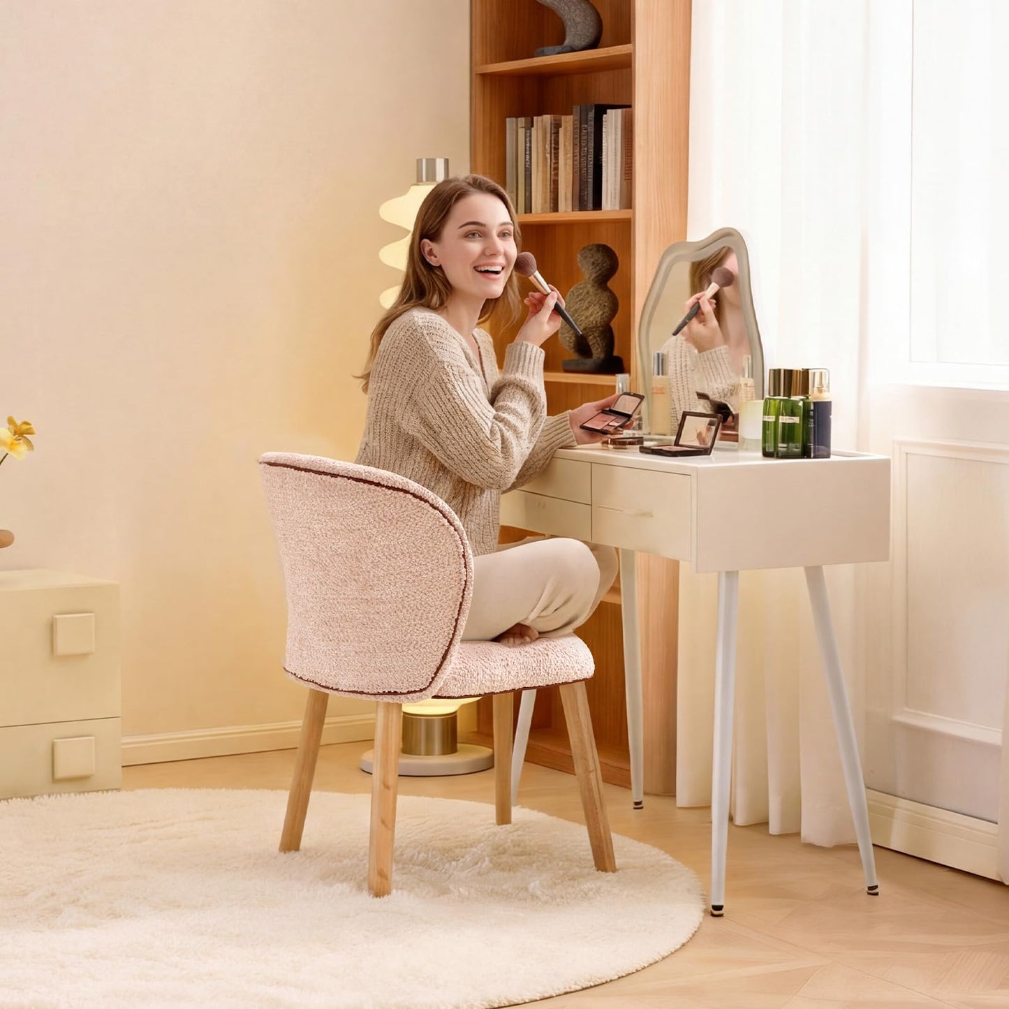 VINGLI Chenille Curved-Back Armless No Wheels Vanity Chair for Girls, Cute & Furry Upholstered Desk Chair with Solid Wood Legs for Study/Makeup/Bedroom/Dressing, Fluffy Makeup Chair for Teens, Pink