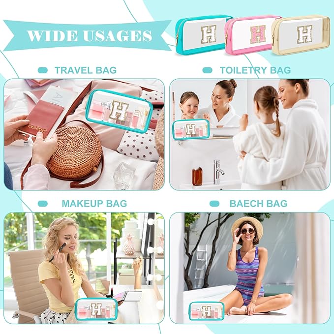 Personalized Initial Letter Clear Makeup Bag,Preppy Small Nylon&PVC Cosmetic Zipper Bag with Chenille Letter,Portable Beach Travel Skincare Toiletry Bag,Trendy Monogram Gift for Teen Girls Women,H