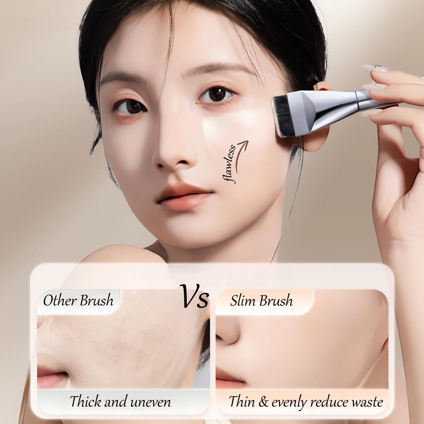 Flat Spatula Foundation Brush Non-Absorbent Ultra-Slim Kabuki Brush Spatula Brush for Foundation Blending Liquid, Cream or Flawless Makeup Application with 2 Puffs