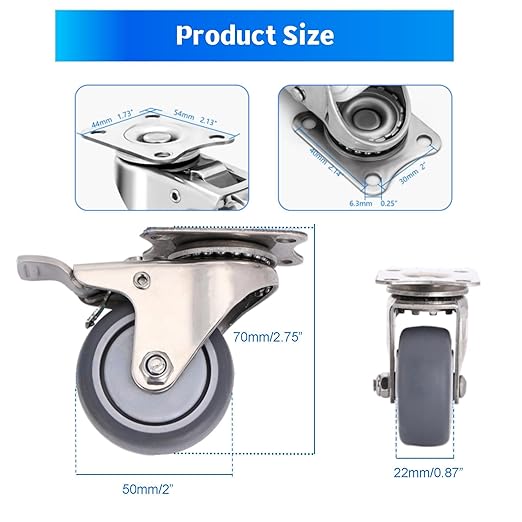 2 Inch Stainless Steel Caster Wheels Set of 4, Anti-Rust Swivel Casters with Brake, Silent and Floor-Friendly Thermoplastic Rubber Wheels for Furnitures,Labs,Hospitals,Restaurants