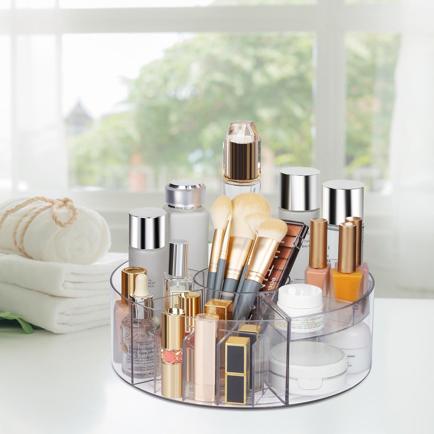 360° Rotating Makeup Organizer, 10" Clear Turntable Lazy Susan Organizer for Vanity, Bathroom Counter, Cabinet, Spinning Cosmetic Storage Holder with 6 Dividers for Skincare, Makeup Brushes, Lipsticks