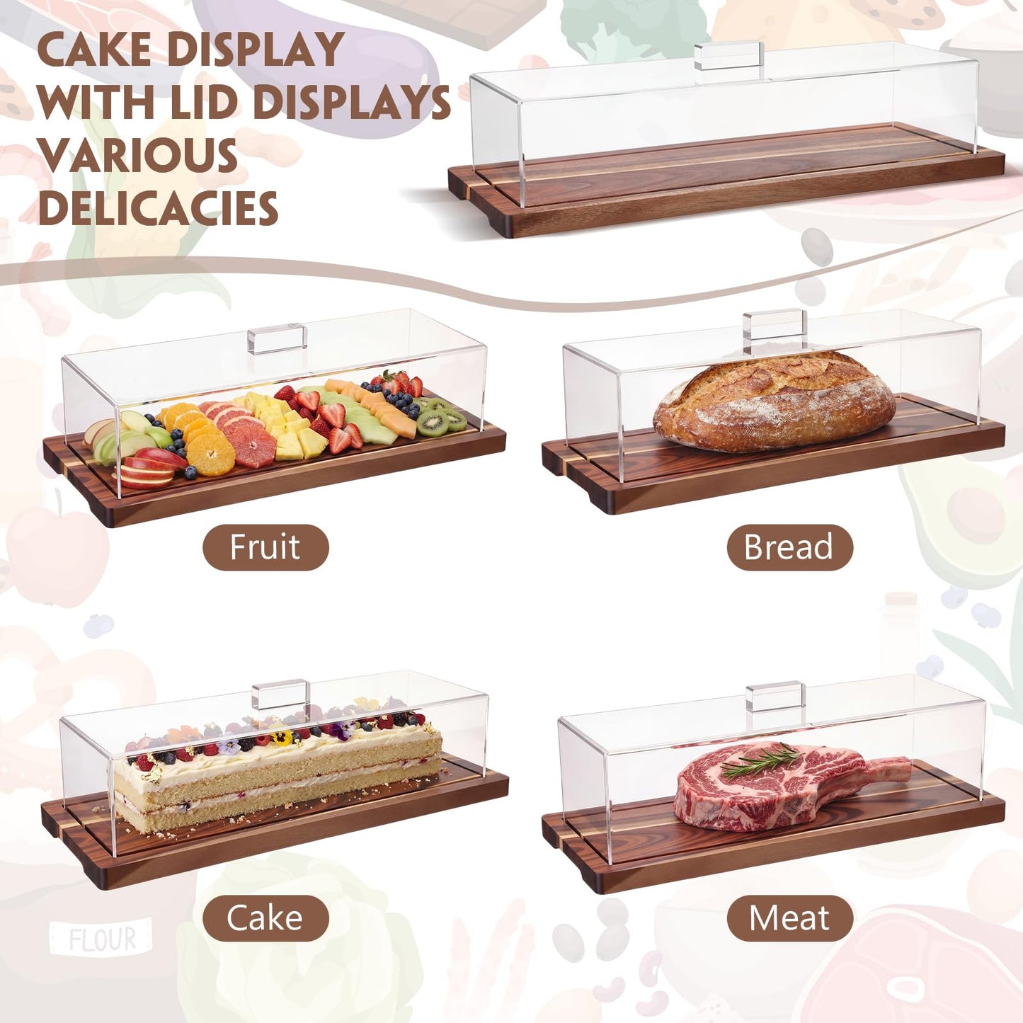Mifoci 2 Pack Acacia Wood Cake Stand Serving Tray with Acrylic Lid, 15 x 6 x 4 Inches Charcuterie Table Display Set, Dessert Serving Tray Set for Bakery, Buffet, Home Party & Restaurant