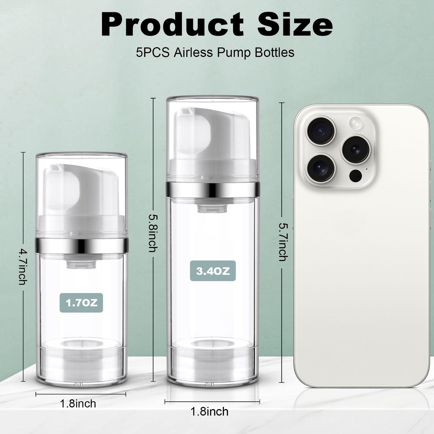 Decorniqu Airless Pump Jar 3.4oz/100ml 5 Pack Airless Pump Bottles Empty Moisturizer Pump Dispenser Travel Pump Bottles for Lotion Toiletries Shampoo Cream with Labels(Clear)