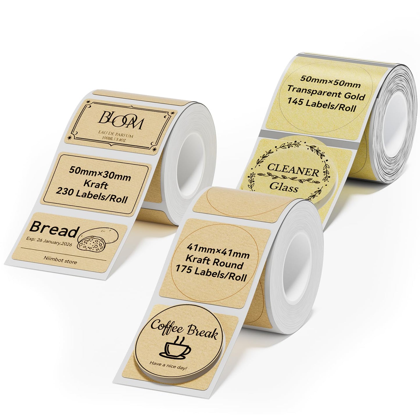 NIIMBOT Thermal Label Tape 3 Rolls, Compatible with B1/B2/B21/B31 Label Maker, Multi-Size Pack (50x50mm, 41x41mm, 50x30mm) for Baking, Cosmetics, Jars, Gifts, Logos & File Organization Stickers