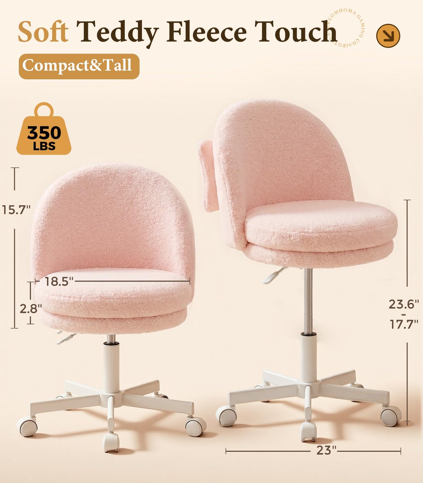 COMHOMA Vanity Chair with Wheels Velvet Tall Office Chair with Back,Armless Desk Chair Comfy Height Adjustable, Soft Lumbar Support for Girls Bedroom Home Vanity Bow Pillow for Gift Pink