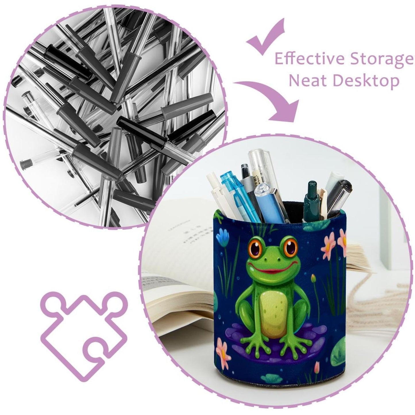 KikandKo Pencil Holder for Desk, Cute Frog Pen Cup Makeup Brush Holder, Leather Desktop Organizer Storage Case Stationery for School Home Office Supplies