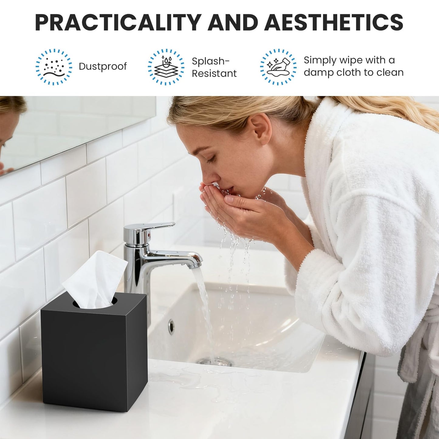 2 Pack Tissue Box Cover Black, Square Acrylic Tissue Holder, Decorative Facial Tissue Box Vessel Cube Paper Organizer Dispenser for Bathroom Office, Night Stand, Desk, Car, Vanity, Countertops