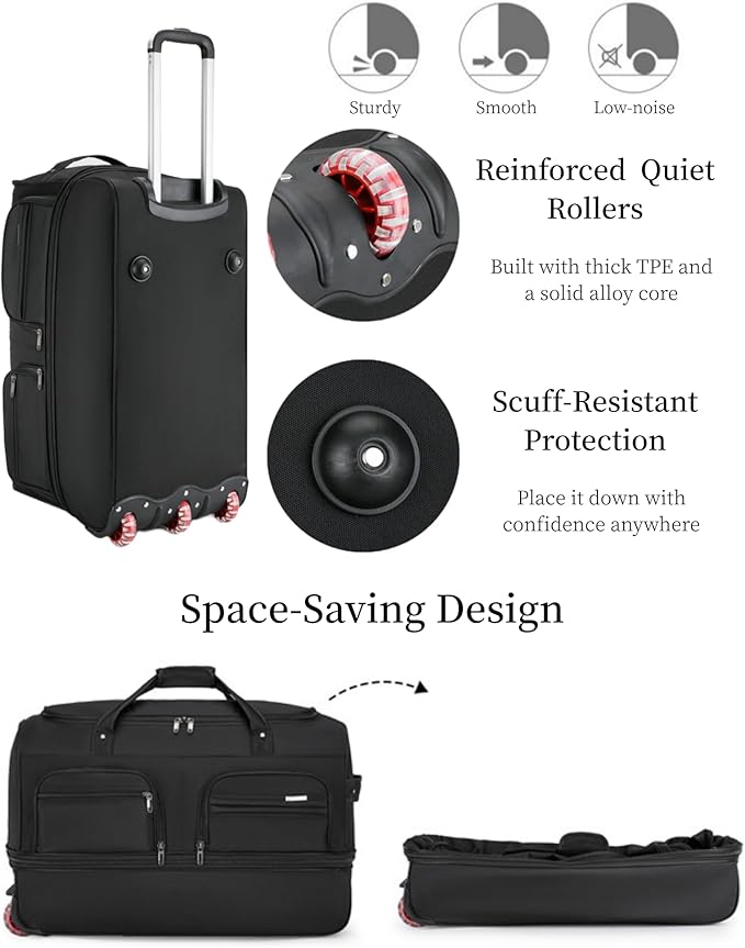 Expandable Rolling Duffle Bag with Wheels, 28" Foldable Carry On Luggage Suitcases, Water-Resistant Travel Duffle Bag Carry On Suitcase Weekend Bag for Women Men