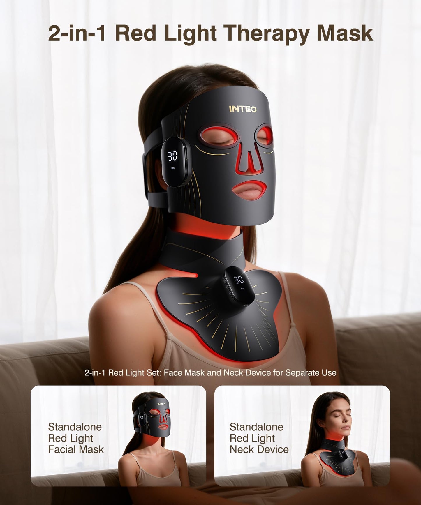 LED Light Mask for Face and Neck, 4 Light Modes Cordless Facial and Neck Skincare Mask, Red LED Beauty Device, Rechargeable Home Skincare Tool with 680 LEDs