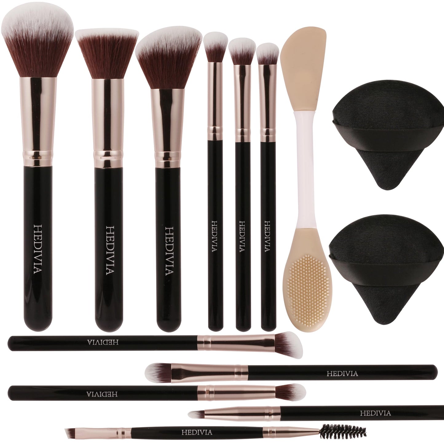 HEDIVIA Black Makeup Brushes Set 14 Pcs Professional, Premium Synthetic Foundation Makeup Brush Concealer Powder Blush Eyeshadow Brushes with 2 Powder Puff & Dual-ended Mask Applicator.Gifts for Girls