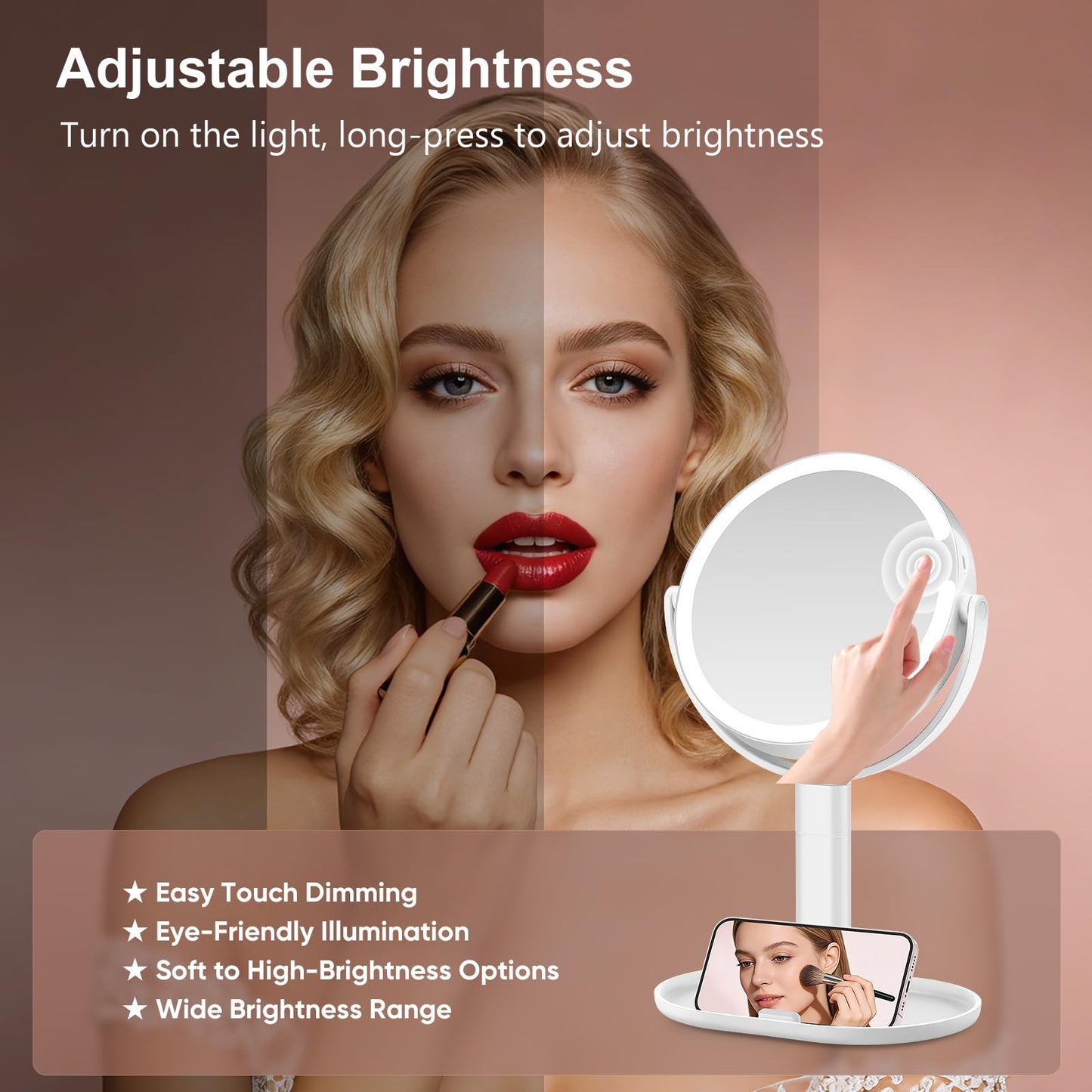 GONOBLE Lighted Makeup Mirror with 10X Magnification, Rechargeable LED Magnifying Vanity Mirror with 3 Lights, Adjustable Height, Storage Base and Phone Holder, White, 7 inch