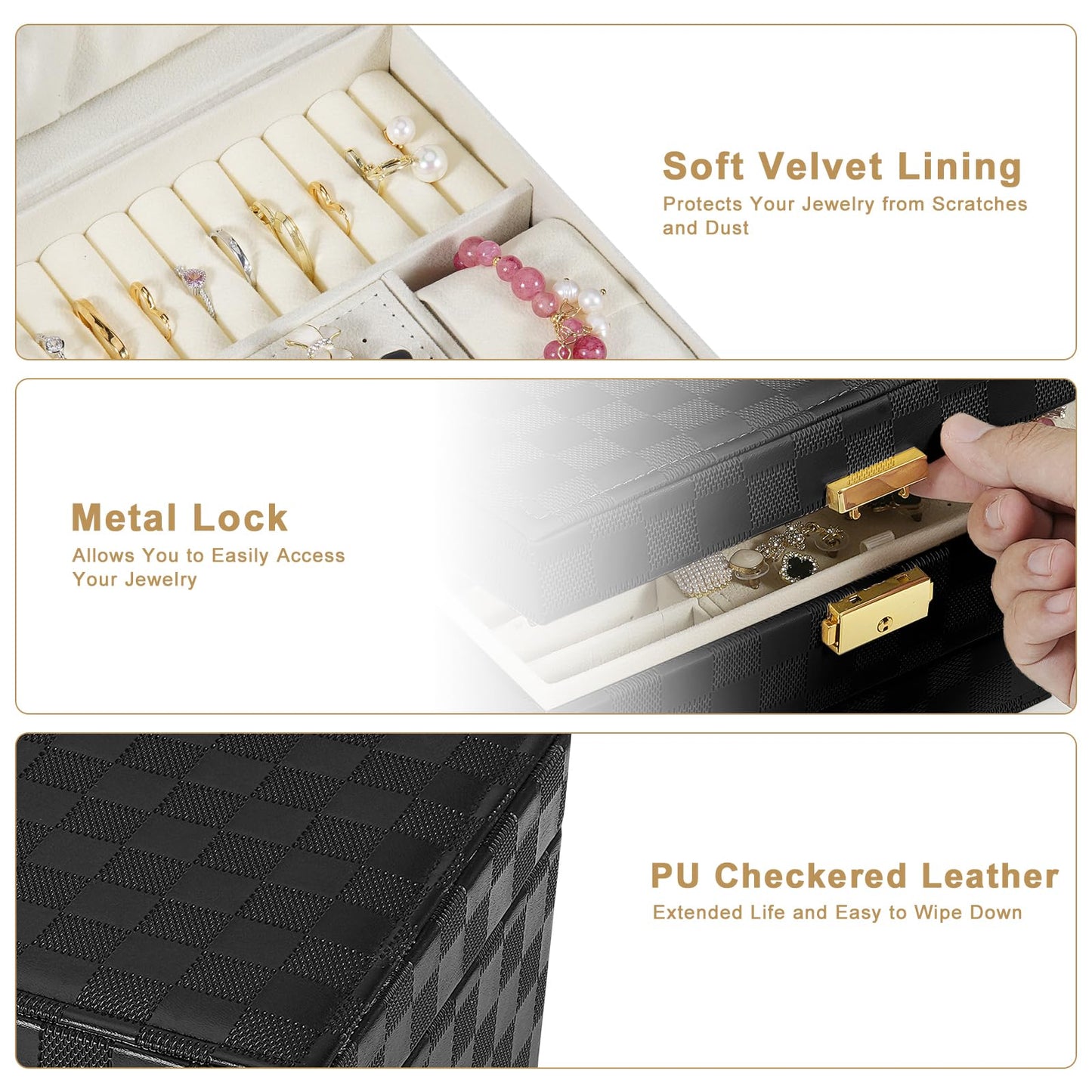 GUOER Jewelry Box for Women Girl Wife - Large PU Leather Jewelry Organizer Storage Case with Two Layers Display for Earrings Bracelets Rings Watches (Checkered Black)