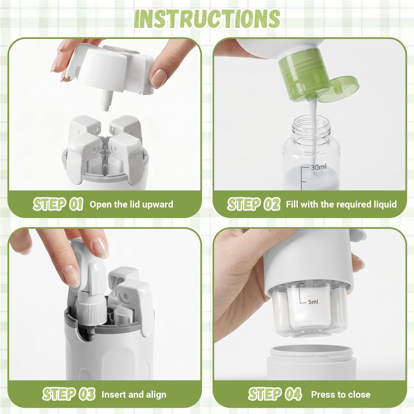 4 in 1 Travel Dispenser Bottle - Leak Proof Travel Containers - TSA Approved Travel Bottles for Toiletries - Travel Refillable Bottles - Portable Travel Size Pump Bottle - Travel Liquid Container