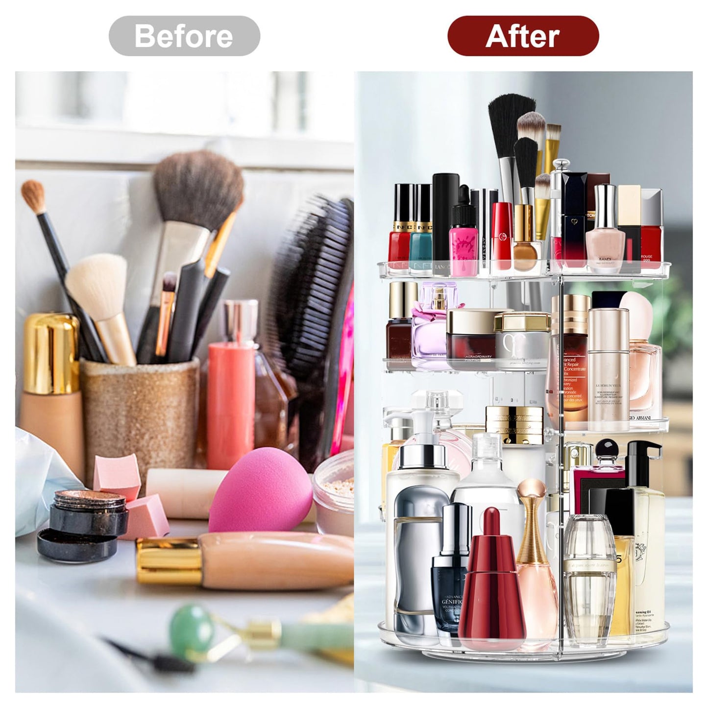 Makeup Organizer 360 Degree Rotating Cosmetic Organizer DIY Adjustable Makeup Carousel Spinning Holder Rack, Large Capacity Cosmetic Storage Box Makeup Brushes Organizer for Vanity Countertop (Clear)
