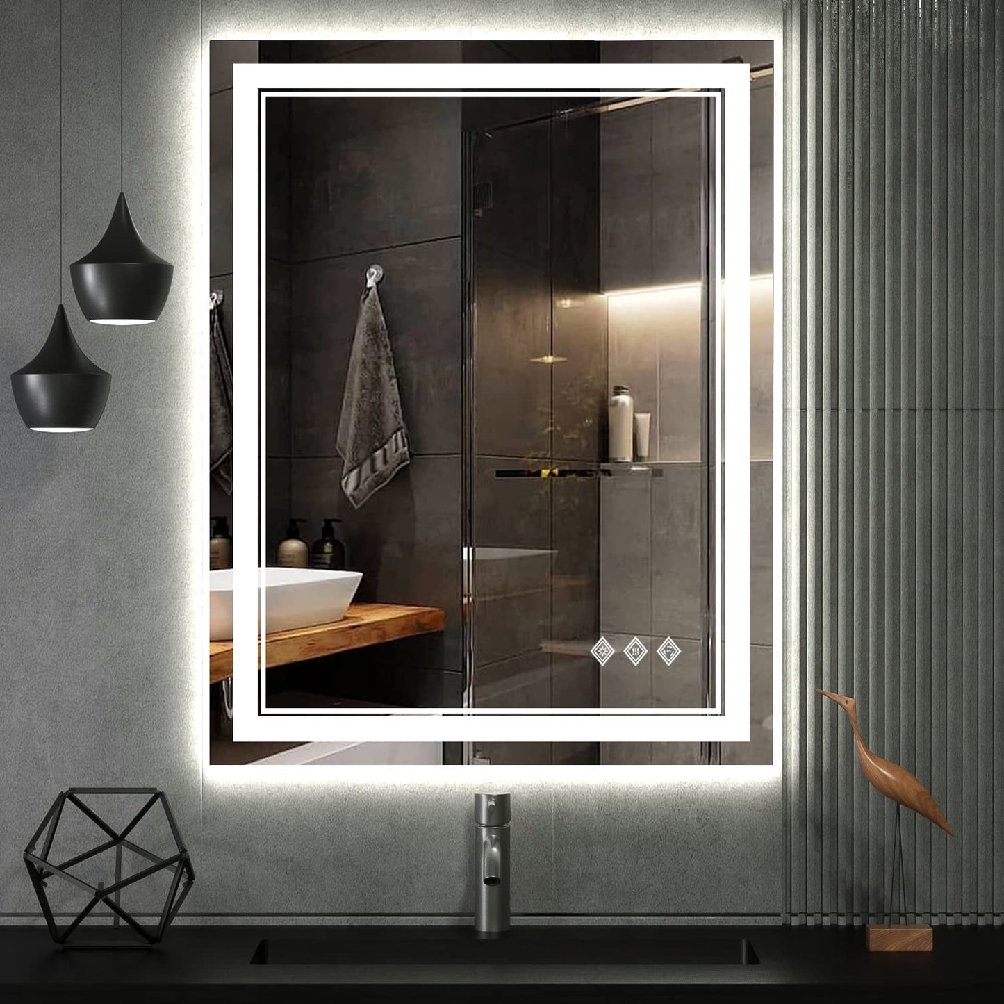 VanPokins LED Bathroom Mirror, 24x32 Inch Gradient Front and Backlit Vanity Mirror with Lights, 3 Colors Dimmable CRI>90, IP54 Enhanced Anti-Fog, Hanging Plates Bathroom Mirror with Lights