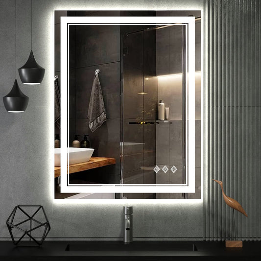 VanPokins LED Bathroom Mirror, 24x32 Inch Gradient Front and Backlit Vanity Mirror with Lights, 3 Colors Dimmable CRI>90, IP54 Enhanced Anti-Fog, Hanging Plates Bathroom Mirror with Lights