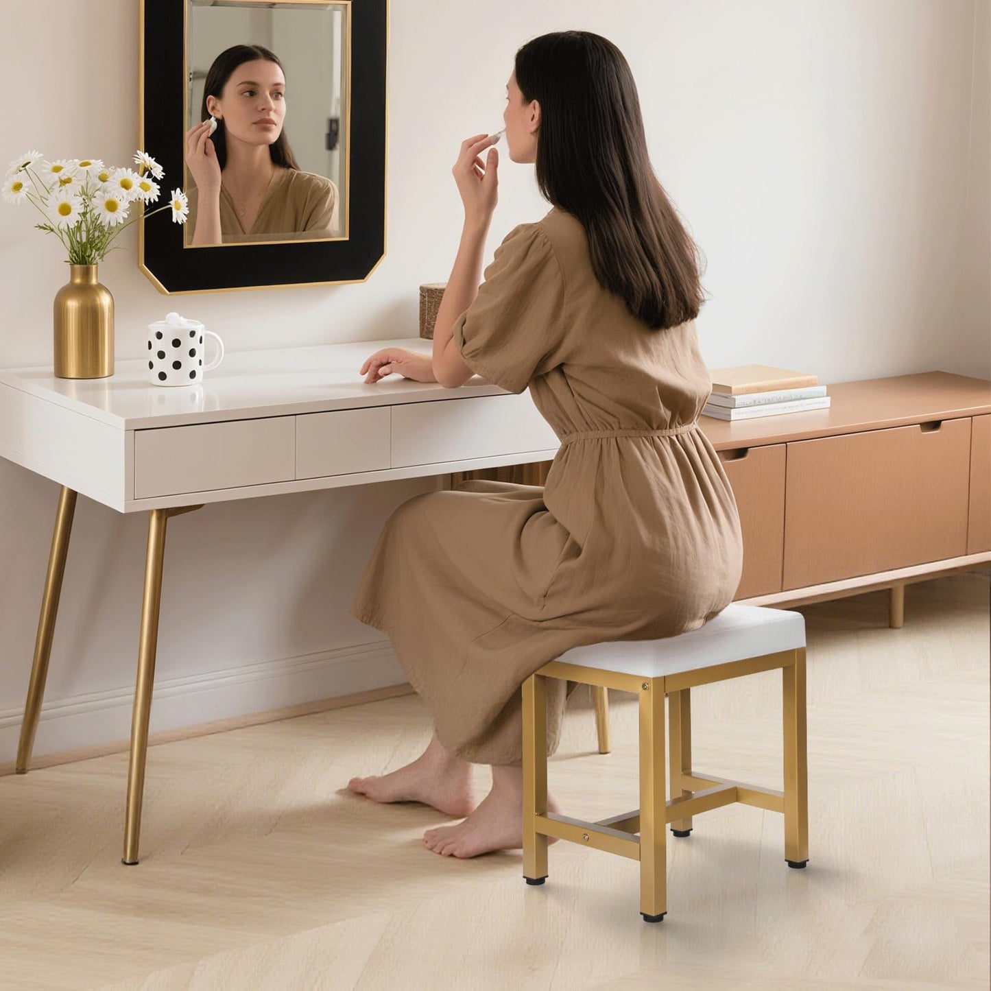 FLYZC Vanity Stool, Vanity Chair for Makeup Room, Square Linen Small Ottoman Foot Stool with Metal Legs, Modern Makeup Chair for Bedroom, Living Room, Gold & Off White