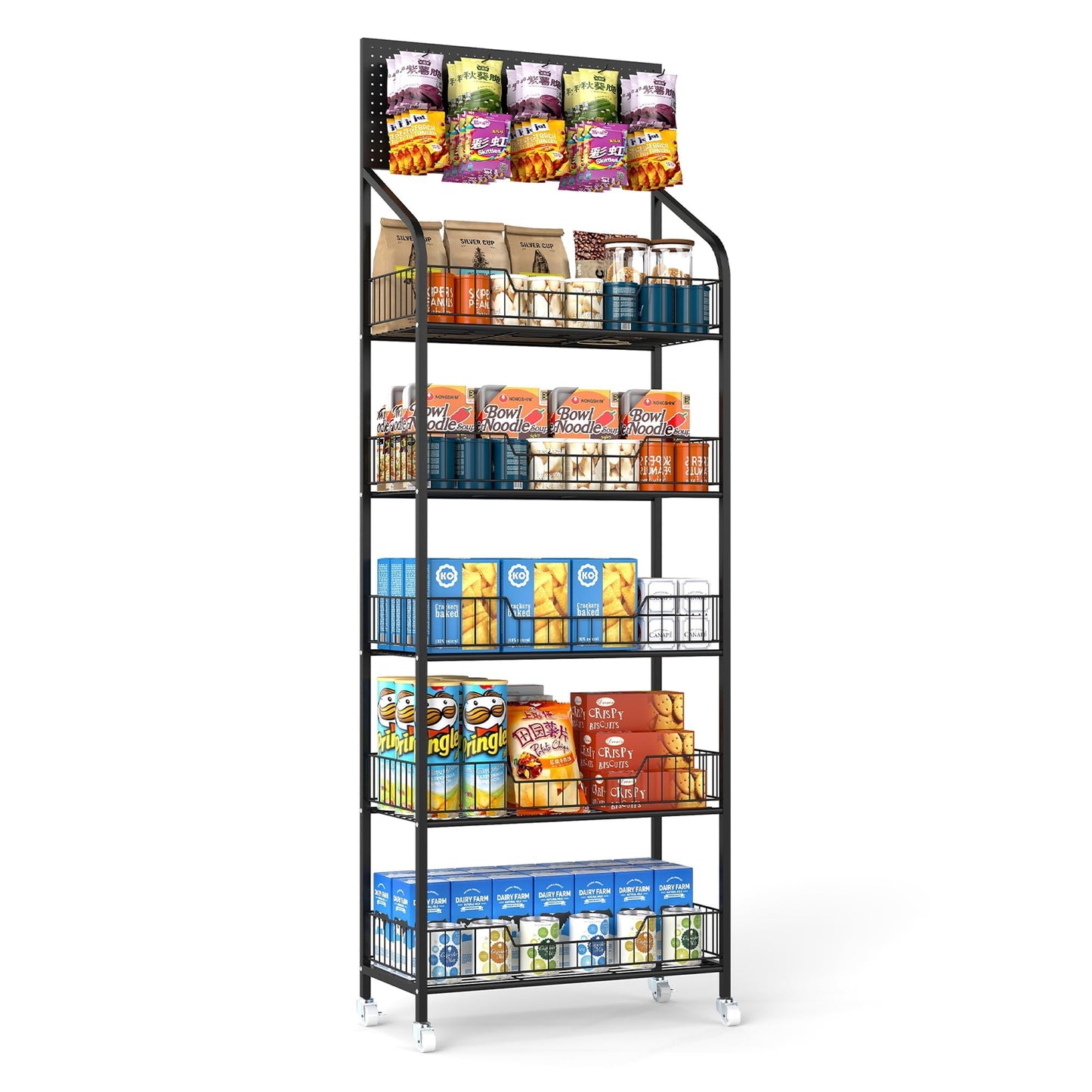 Wpokke Retail Snack Display Stand, 5-Tier Black Metal Storage Shelf Rack with Wheels & Hooks, Heavy Duty Retail Display Shelves for Snacks, Candy, Chips, Drinks, Organizer Rack for Store, Supermarket