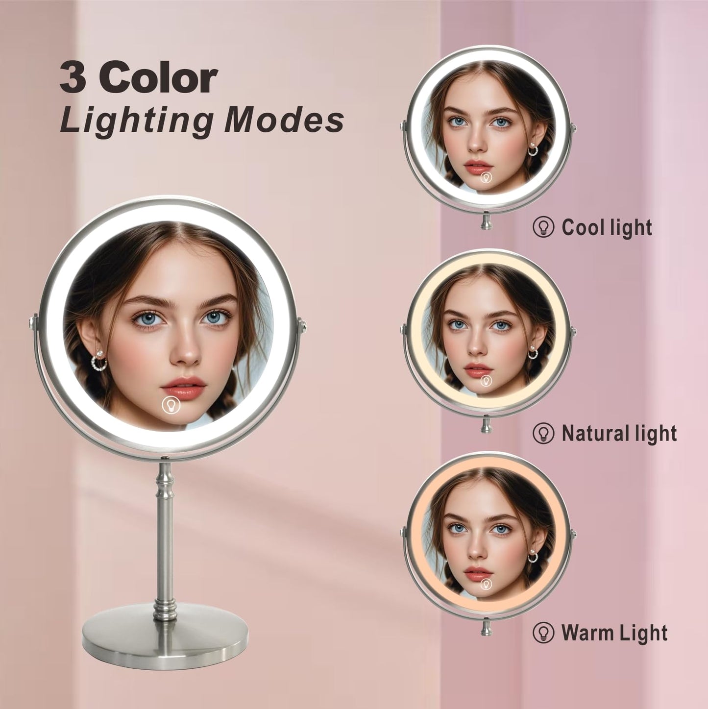 Makeup Mirror with Lights ，8 Inch 1X/10X Rechargeable Double Sided Magnifying, 360° Rotation LED HD Mirror with 3 Colors，Brightness Adjustable, Ideal for Daily Skincare and Professional Makeup