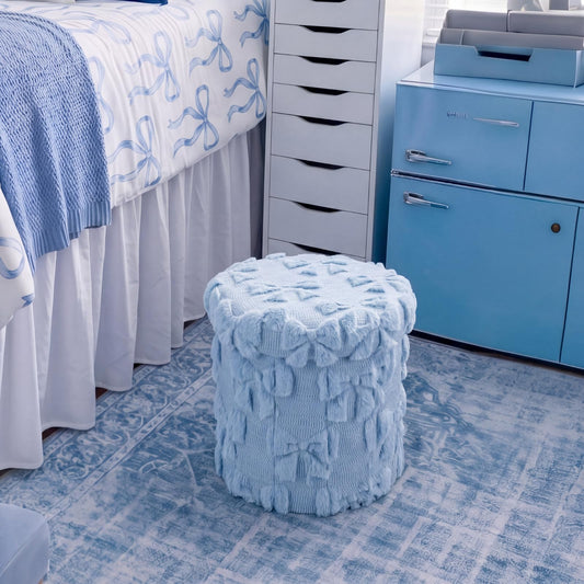 RattanView Storage Ottoman Dorm 12 Inch Blue Bow Round Ottoman Dorm Back to School Coquette Foldable Foot Rest Stool with Lid for College Dormitory Bedroom Office