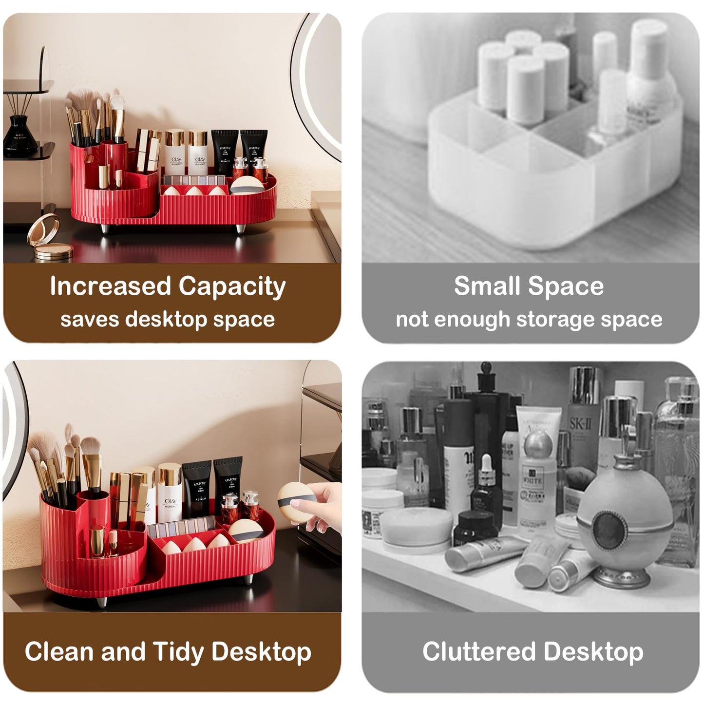 Rotating Makeup Organizer for Vanity with Brush Holder, Cosmetic Makeup Storage Organizer, Large Spinning Makeup Skincare Organizer, Countertop Makeup Perfume Organizer, Lotions Display Case Red