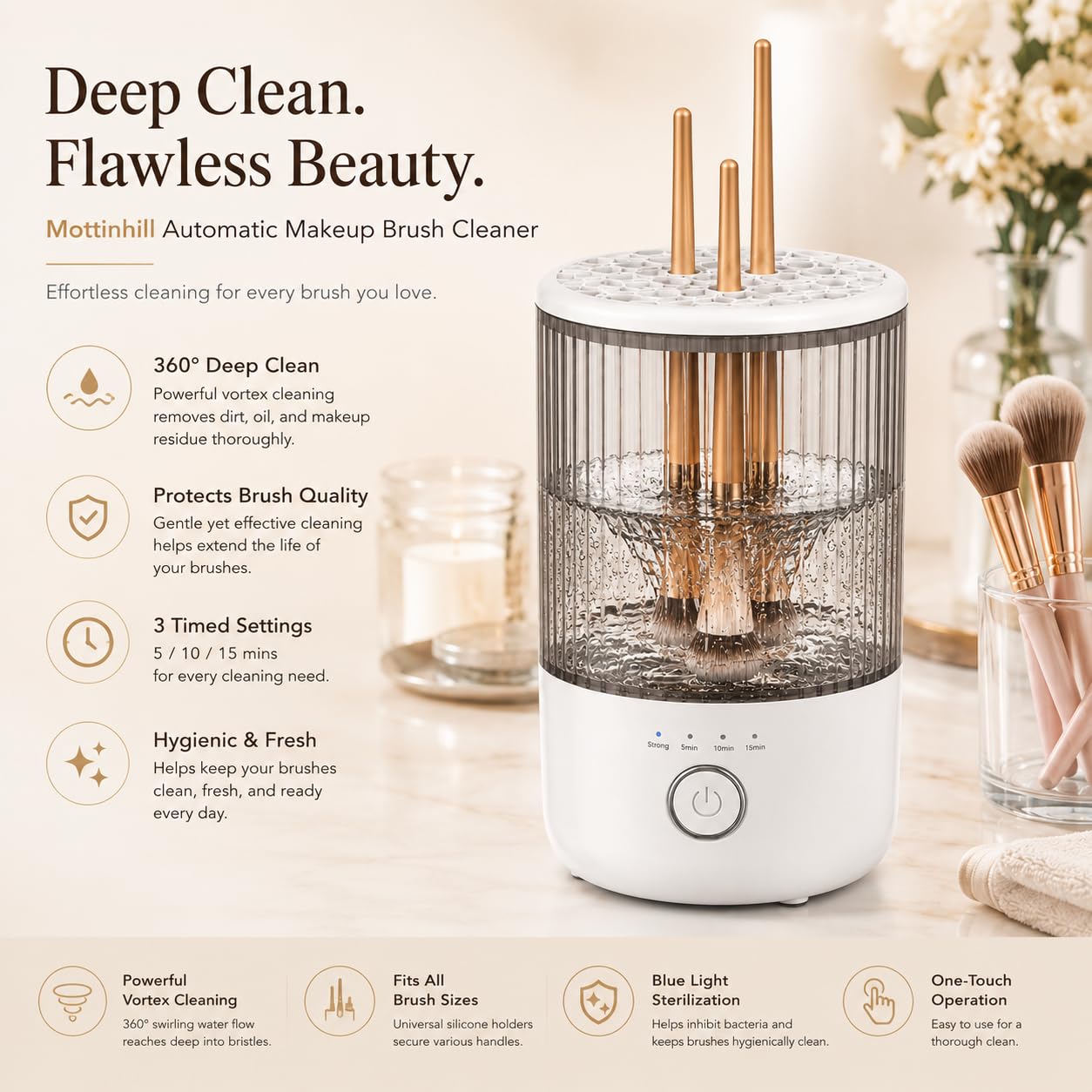 Mottinhill Makeup Brush Cleaner Machine, Automatic Electric Makeup Brush Cleaner with 4 Adjustable Speeds, Deep Cleaning Device, Portable USB Rechargeable (White)