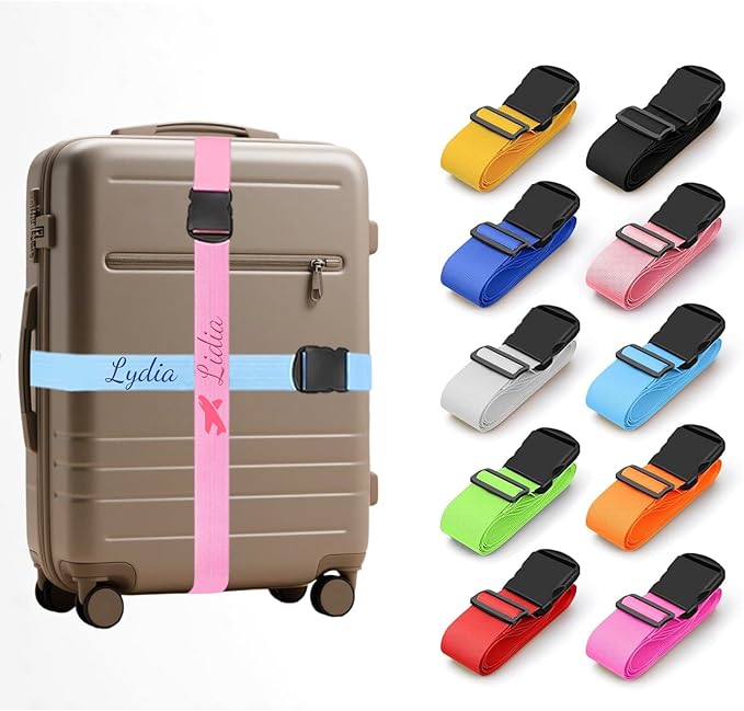 Personalised Suitcase Straps with Embroidery, Adjustable Luggage Strap with Quick-Release Buckles, Secure & Thick Luggage Straps for Suitcases, 80 Inch Custom Travel Belt for Luggage (2 Pieces)