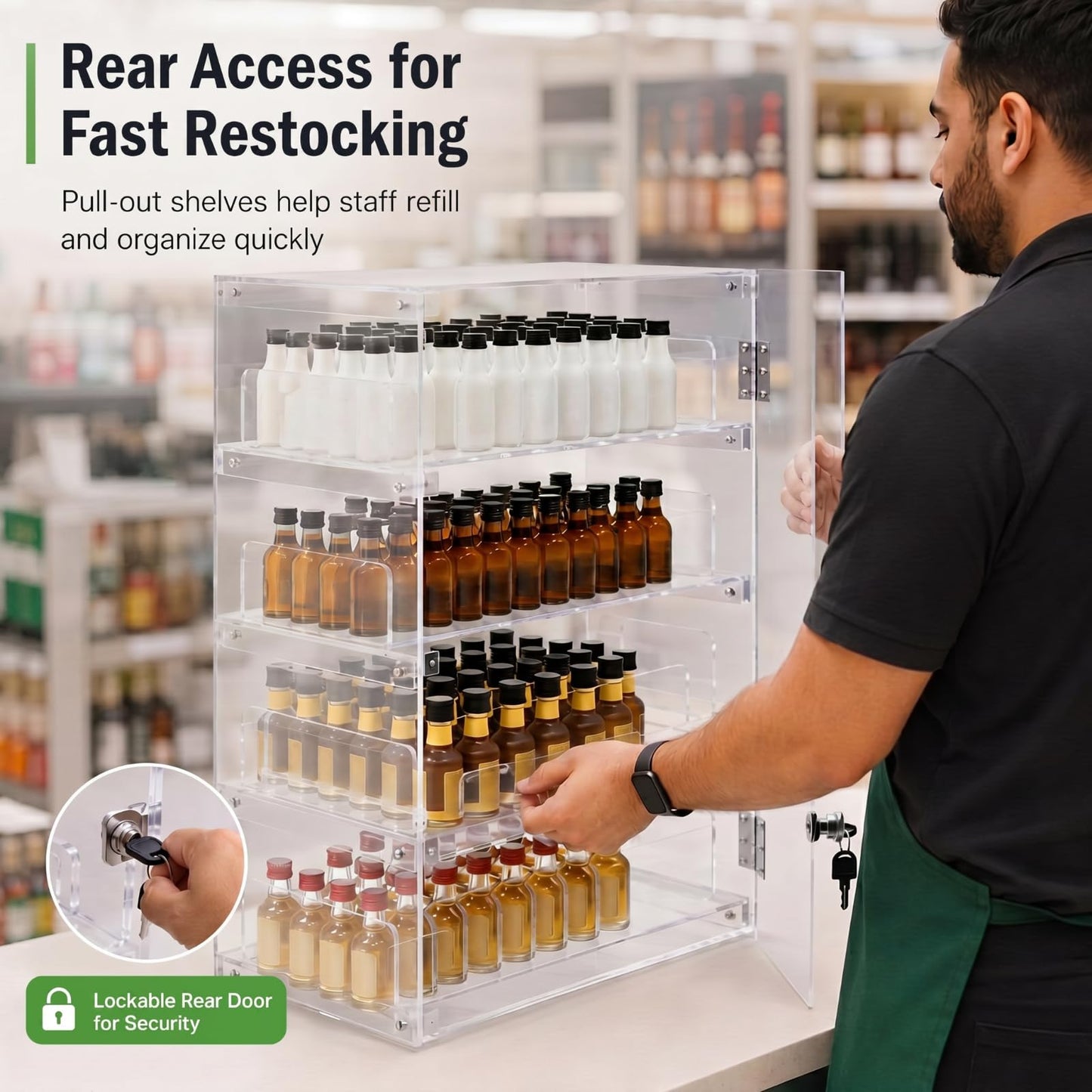 Cinnvoice Mini Liquor 50ml Bottles Retail Display Case with Lock, 12 x 12 x 24 in Clear Acrylic Countertop Rack, Adjustable Dividers Holders, Holds 192 Nips