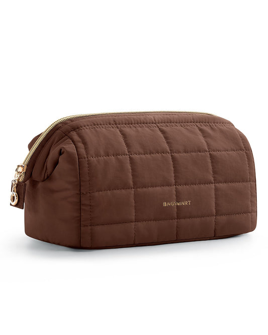 BAGSMART Makeup Bag Travel Toiletry Bag, Puffy Padded Make Up Bags for Women Makeup Organizer Case, Wide-open Pouch Purse Travel Essentials Toiletries Accessories Brushes, Chocolate