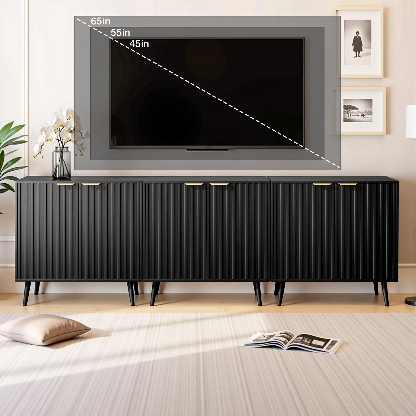 REHOOPEX Fluted Storage Cabinet, Buffet Cabinet with Storage, Wood Sideboard with Adjustable Shelf, Modern Accent Cabinet & Console Table for Entryway, Living Room, Dining Room, Black