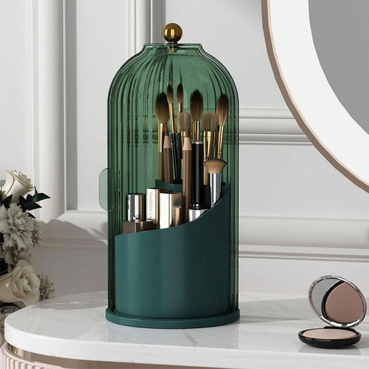 Birdcage Shape Makeup Brush Holder with Vertical Striped Cover, 360° Rotating Dust-Proof Organizer, Large Capacity Cosmetic & Toothbrush Storage for Vanity, Bathroom Countertop (Transparent Green)