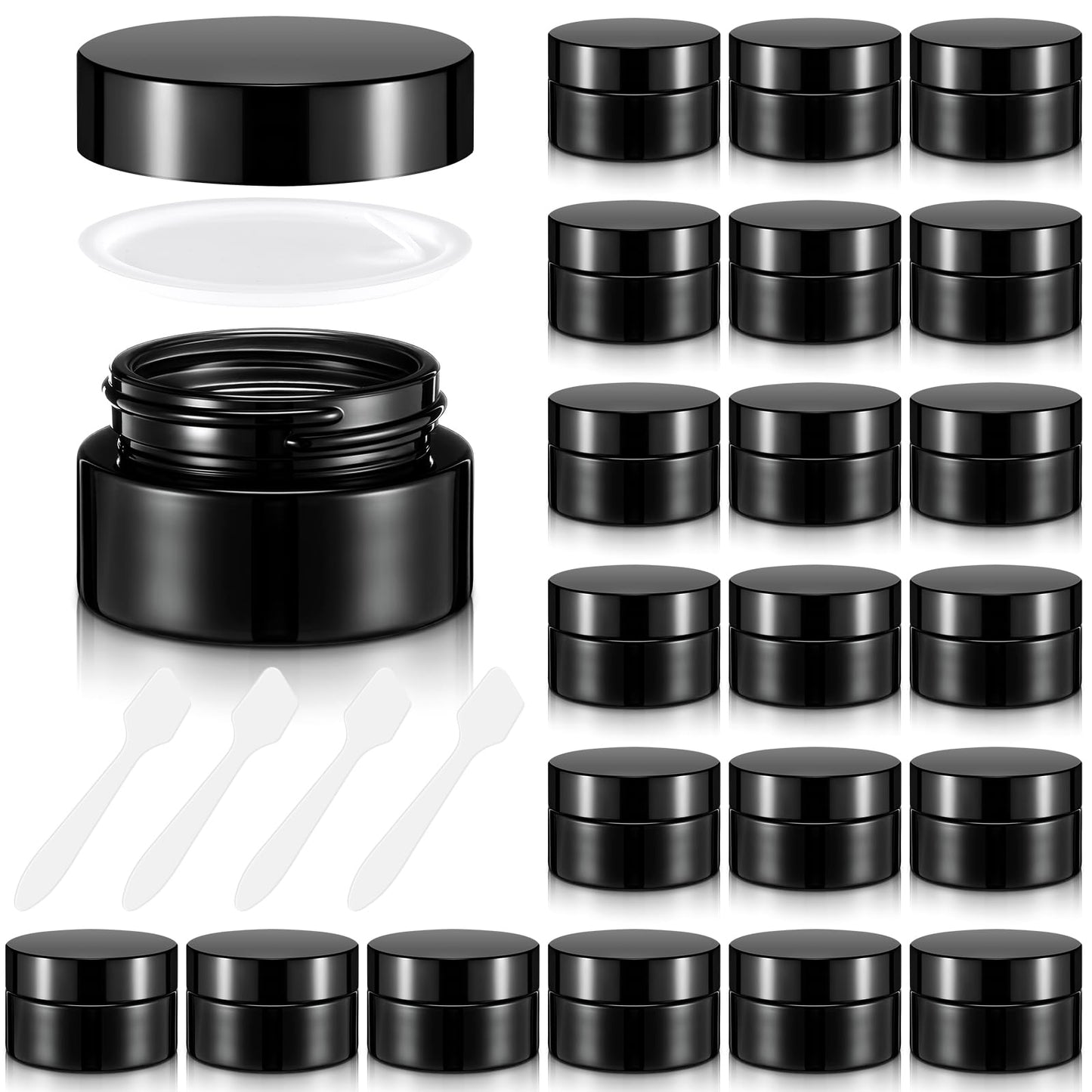 Honeydak 24 Pack 0.7oz Glass Jars with Lids Airtight Cosmetic Containers Reusable Empty Tiny Cosmetic Jars for Lip Balm Lotion Cream Sample Wax Salve Ointments, Travel Size, Light-blocking (Black)
