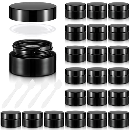 Honeydak 24 Pack 0.7oz Glass Jars with Lids Airtight Cosmetic Containers Reusable Empty Tiny Cosmetic Jars for Lip Balm Lotion Cream Sample Wax Salve Ointments, Travel Size, Light-blocking (Black)