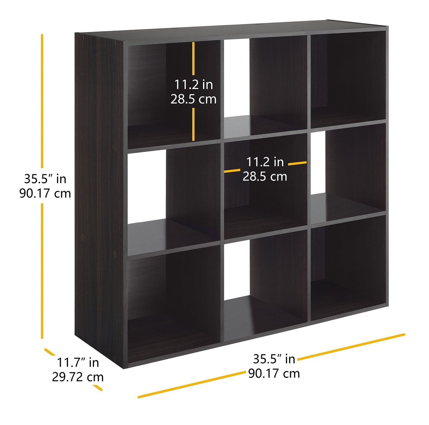 Whitmor 9 Cube Storage Organizer, 3 Tier Stackable Mdf Wood Bookcase, Open Storage Display Bookshelf, Storage Cabinet for Living Room, Bedroom, Home, Office, 35.5"L x 11.7"W x 35.5"H, Espresso