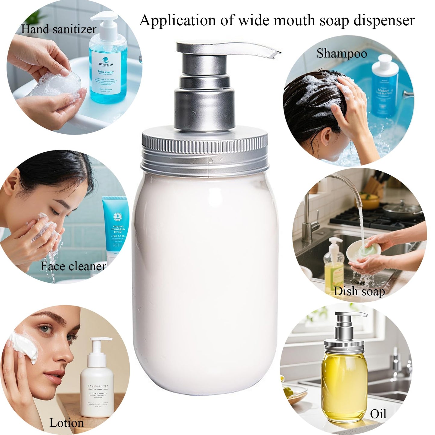 Qeuly 16oz Soap Dispenser, 2 Pack Plastic Pump Bottle Dispenser, Refillable Wide Mouth Jar Style Bathroom/Kitchen Containers for Shampoo, Conditioner, Body Wash, Lotion, Hand Soap & Dish Soap
