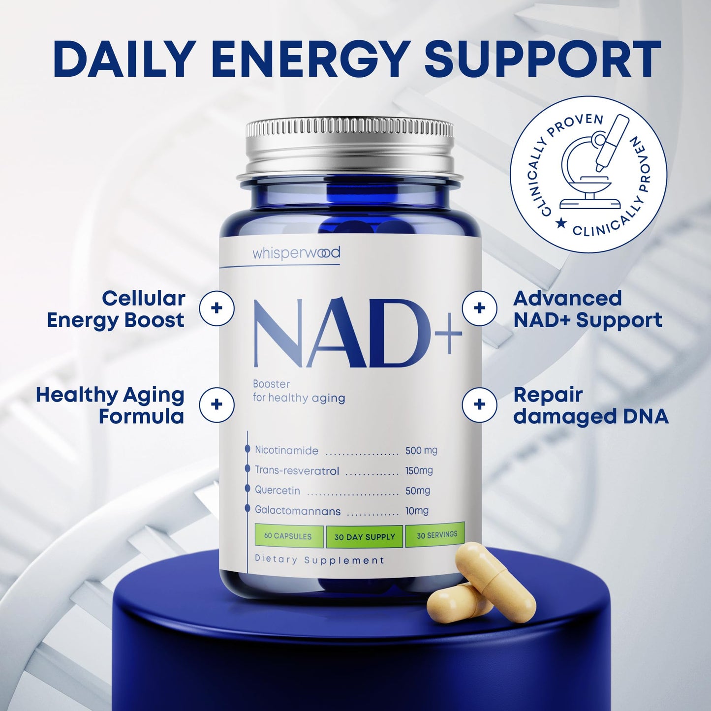 NAD+ Supplement with Nicotinamide Riboside, Trans Resveratrol & Quercetin – NAD Plus Complex for Energy, Brain & Mitochondrial Support – Antioxidant and Longevity Formula for Women & Men – 60 capsules