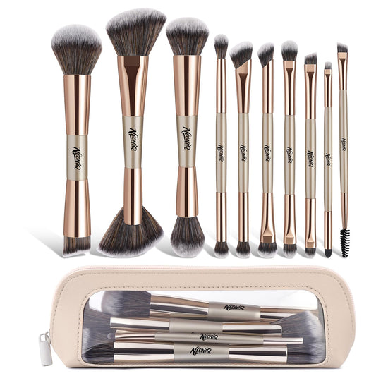 NEONIQ 10 PCS Travel Makeup Brush Set With Bag, Makeup Brushes, Double-End Multi-functional Brushes for Foundation Powder Blush Eyeliner Eyeshadows, Professional Face Brush Set（Champagne Gold）