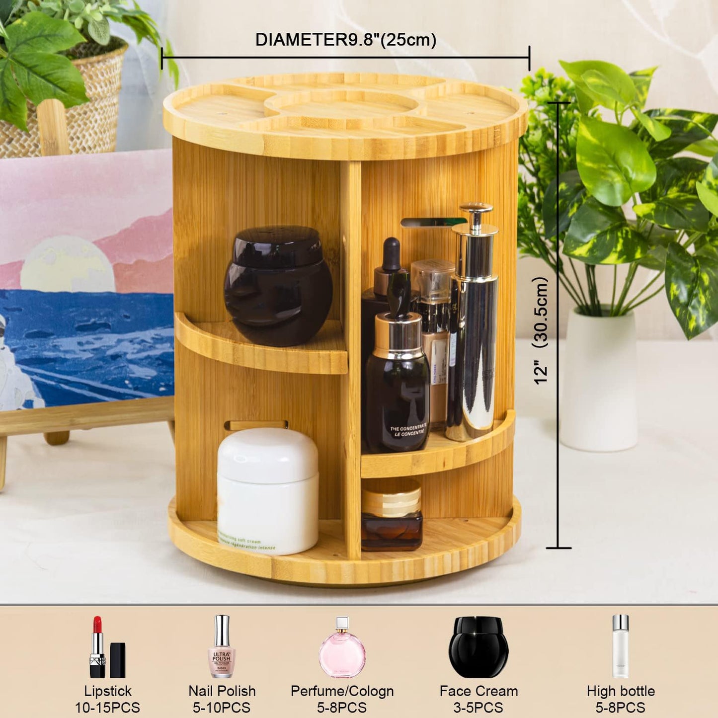 VVW Rotating Bamboo Makeup Organizer,360 Degree Spinning Adjustable Bamboo Vanity Makeup Holder Rack,Large Capacity Cosmetics Storage Display Box,Fits Makeup,Skincare,Cologne (Beige1)
