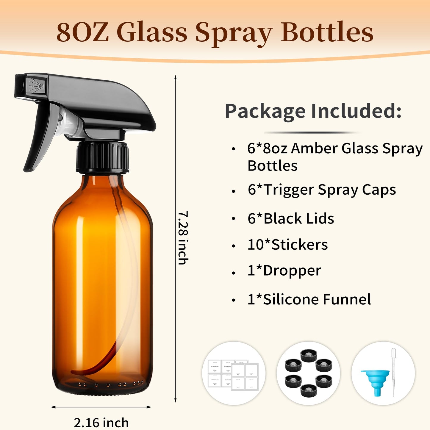Vitreaux 6 Pack 8oz Amber Glass Spray Bottles,Glass Spray Bottles Refillable Empty Containers with Adjustable Nozzle,Spray Bottle for Essential Oils,Cleaning Solutions,Hair Mister,Pets