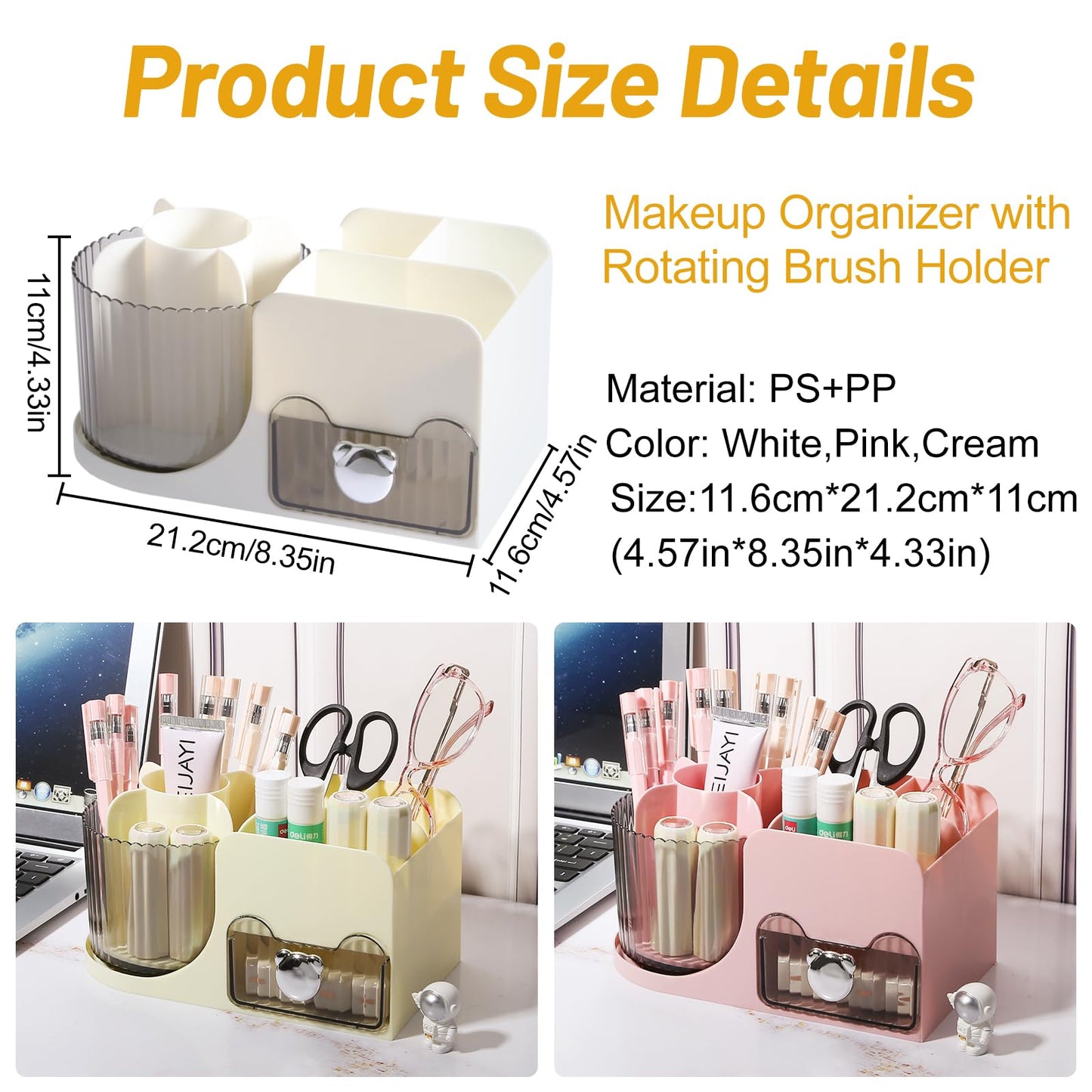 DASITON Makeup Organizer with Drawer, 360° Rotating Makeup Brush Holder, Makeup and Skincare Storage Box, Make Up Organizers for Vantiy, Desktop, Bathroom Countertop, Cosmetic Display Case (White)