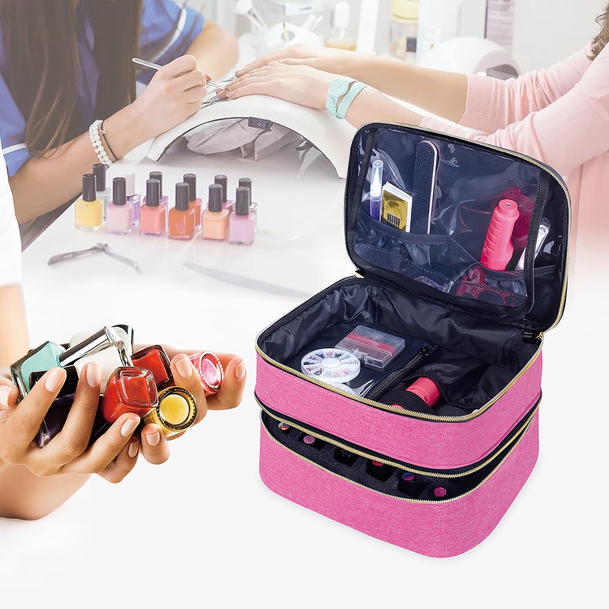 YAHOURWAT Nail Polish Organizer Bag Double Layer Capacity Portable Travel Storage Case Holds 30 Bottles (15 ml/0.51 floz) Nail Supplies Holder Bag Designed for Nail Tools Rose Red