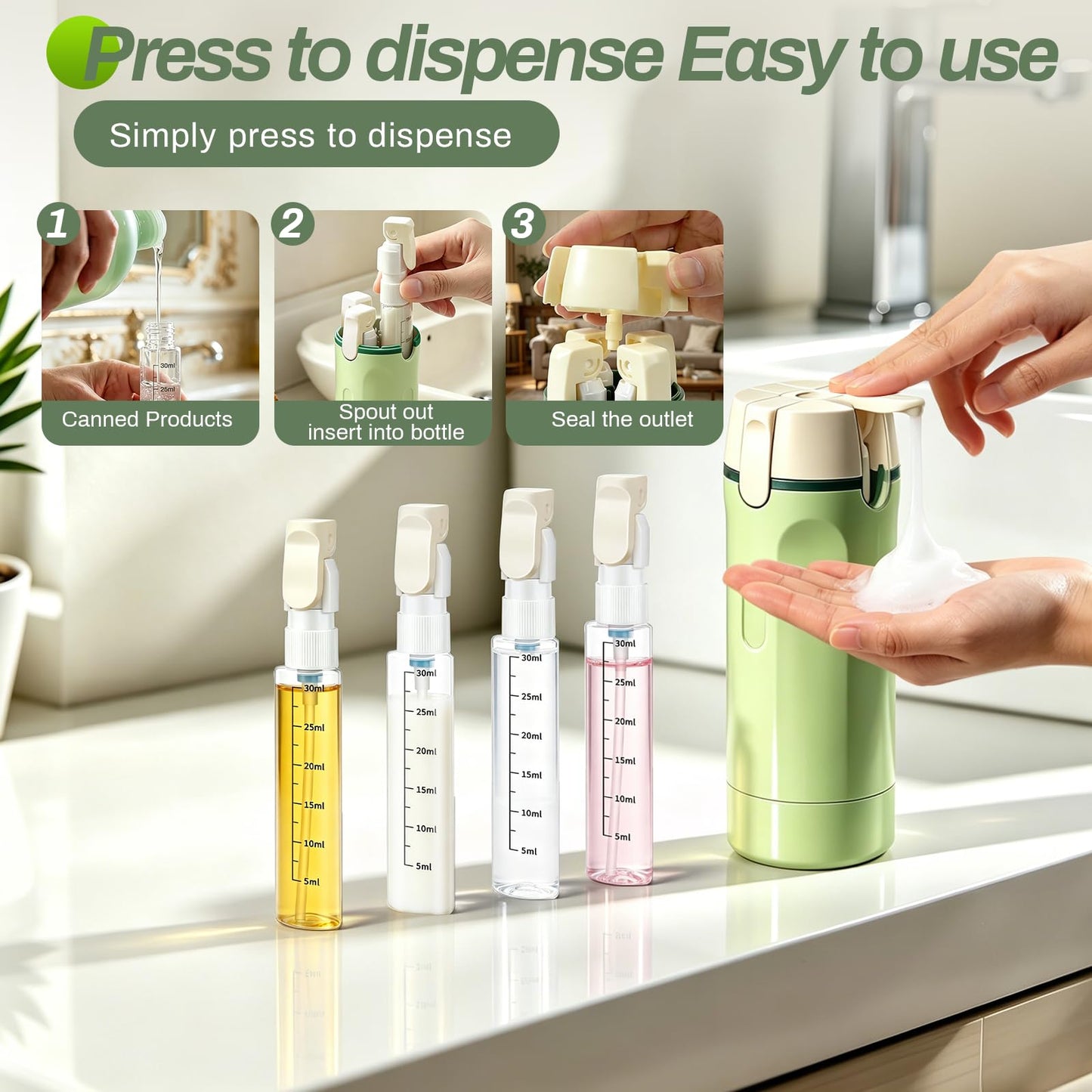 CLRDZN 4 in 1 Travel Dispenser Bottle, 4 Pack 30ML Travel Bottles for Toiletries, 4 in 1 Travel Dispenser with Label, Leakproof & TSA Approved Portable Containers for Shampoo Lotion Conditioner Cream