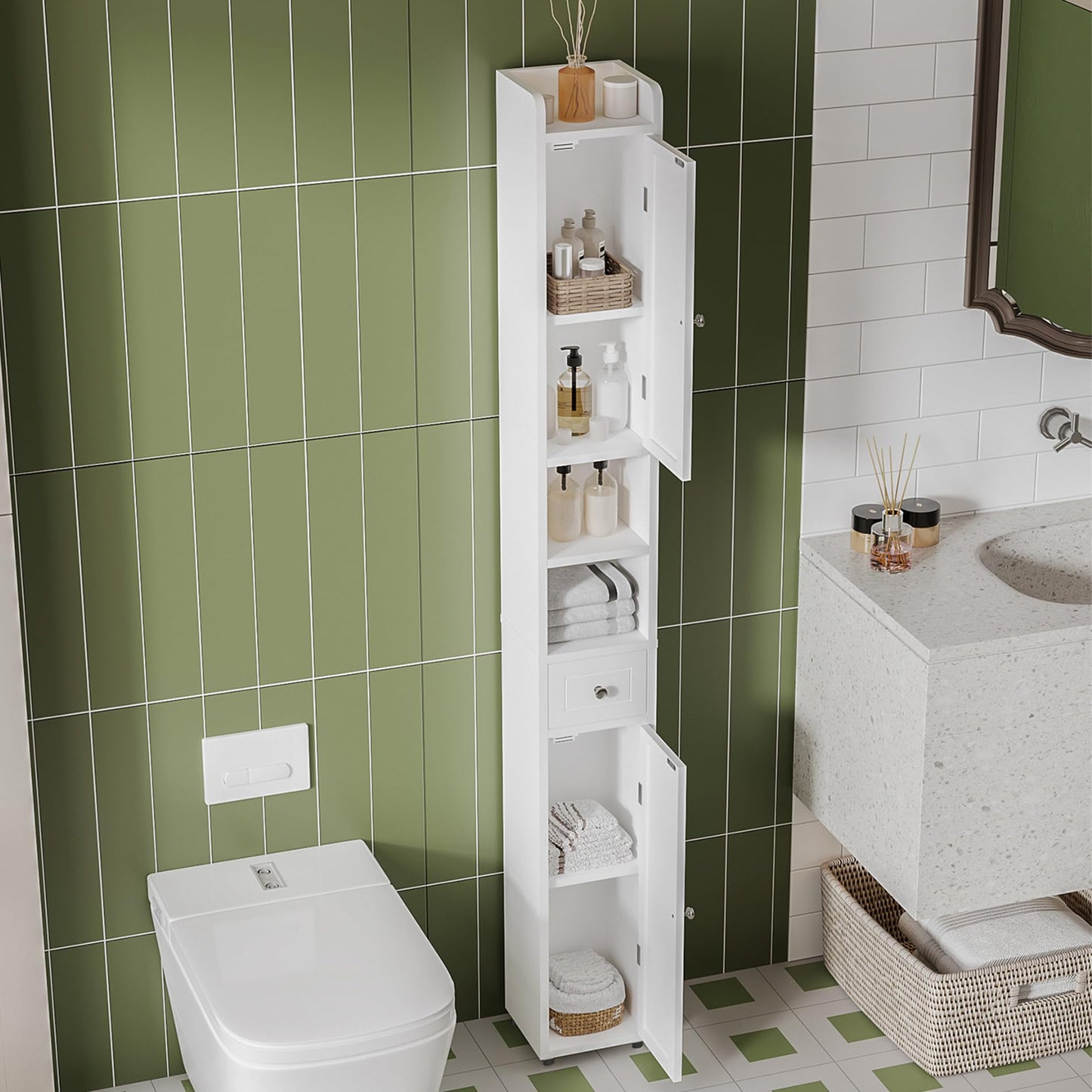 ChooChoo Narrow Bathroom Storage Cabinet with Adjustable Shelves, Tall Storage Cabinet with 2 Doors and 1 Drawer, Freestanding Cupboard for Small Spaces, White