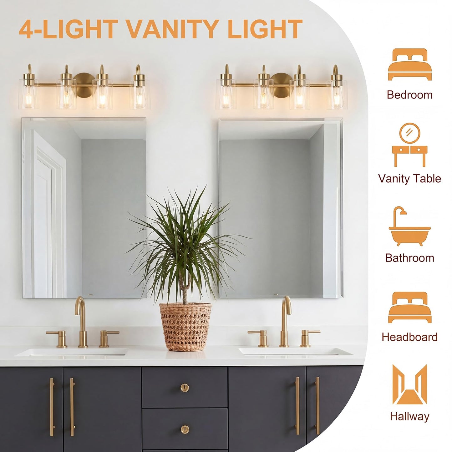3-Light Bathroom Vanity , Gold Brass Bathroom Fixtures with Clear Glass Shades, Modern Wall Sconce Lighting Over Mirror, E26 Base, Non-Waterproof VART-3-GD（Bulbs Not Included,）