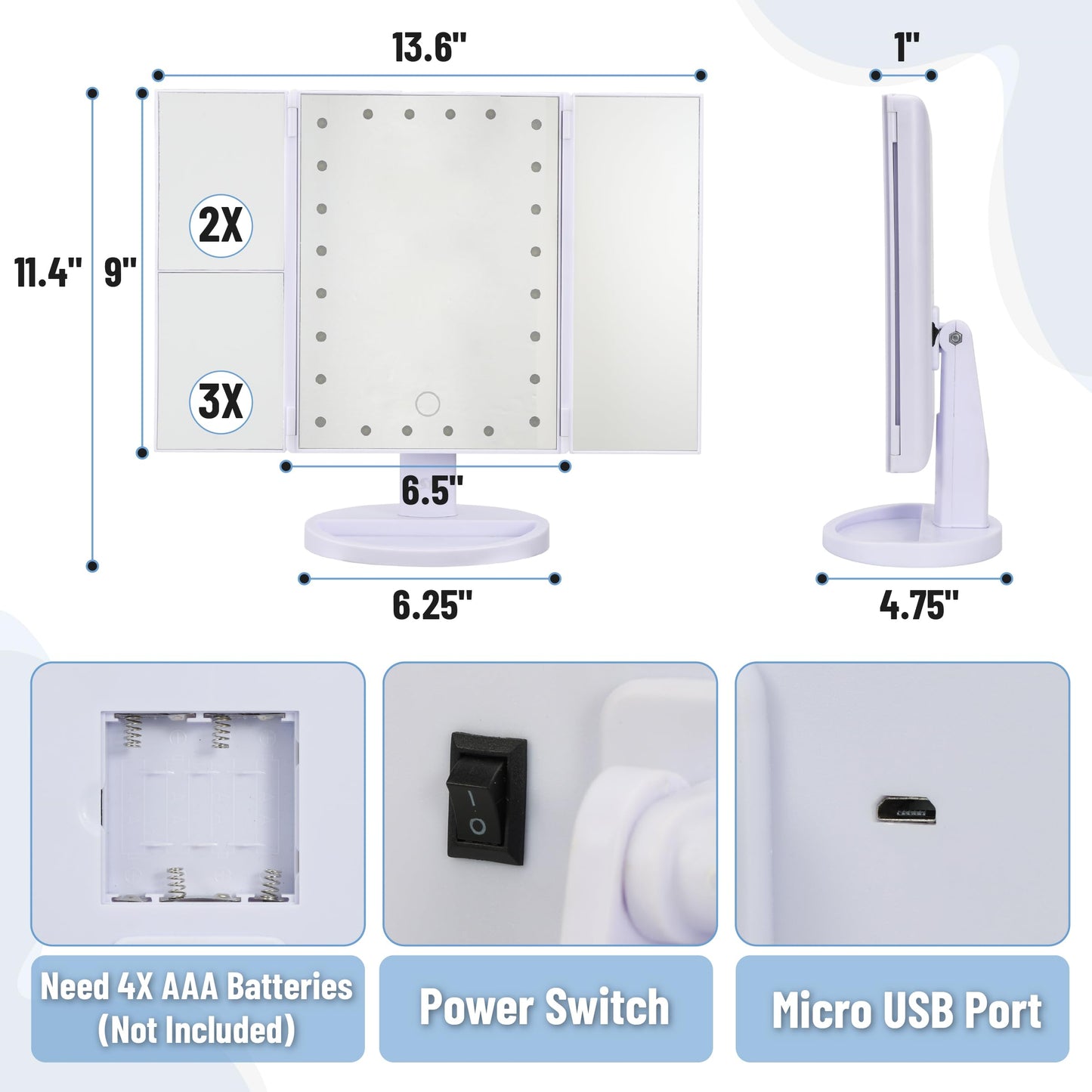 Ms. Pen- Tri-Fold Makeup Mirror Vanity with Lights, 9" x 13.6"