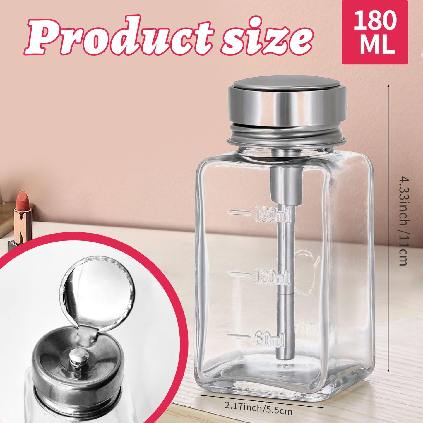2 Pcs 6 Oz/ 180 ml Clear Pump Dispenser Bottle with Metal Flip Cover Glass Nail Polish Remover Push Down Dispenser Bottle Refillable Push Down Pump Dispenser Press Container for Makeup Remover