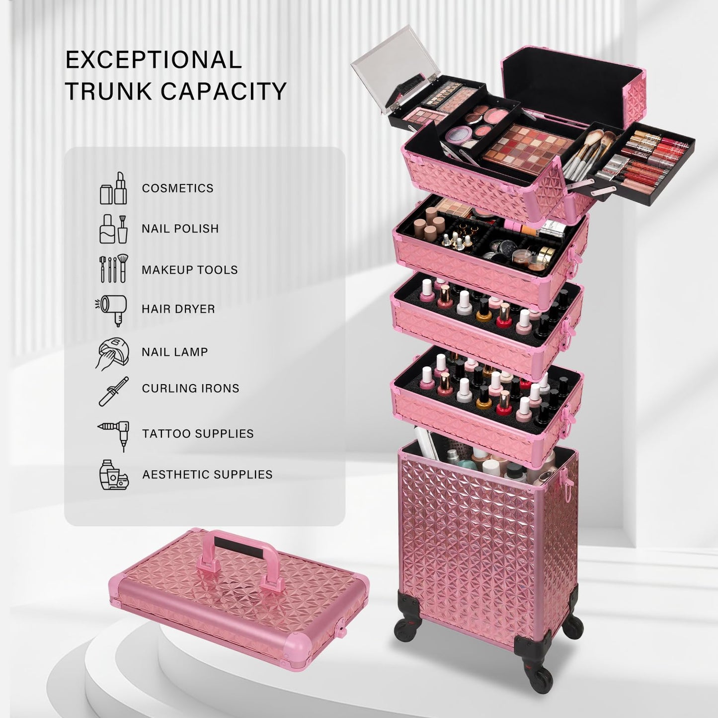 Rolling Makeup Train Case 6 in 1 with Mirror & Lock, Professional Makeup Travel Case, Large Cosmetic Organizer for Cosmetologists & Nails, Bonus 4 Replacement Wheels (6, Gold Pink Holographic)