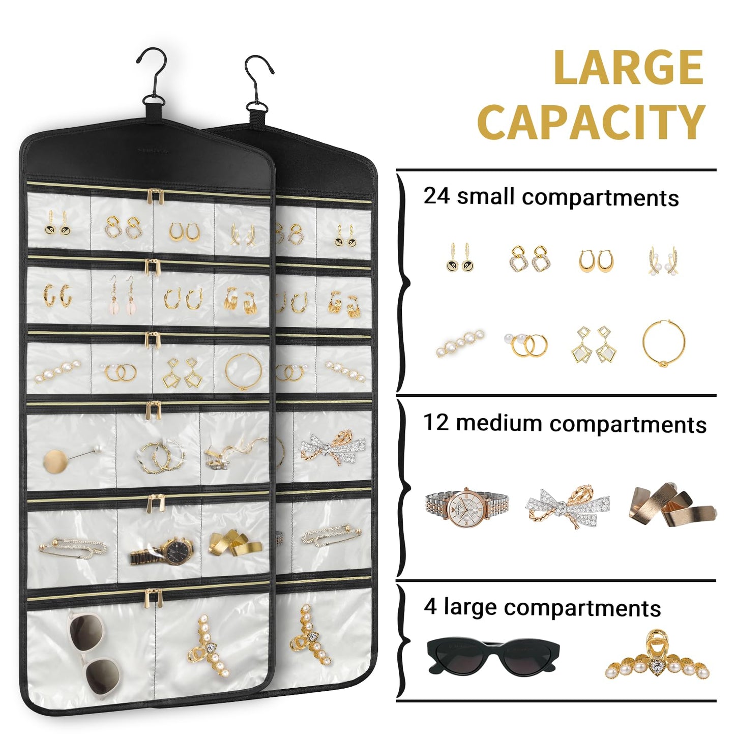 CHICECO Hanging Jewelry Organizer With Zippered Pockets,40 Pockets Travel Jewelry Organizer Storage for Cloest,Wall,Door