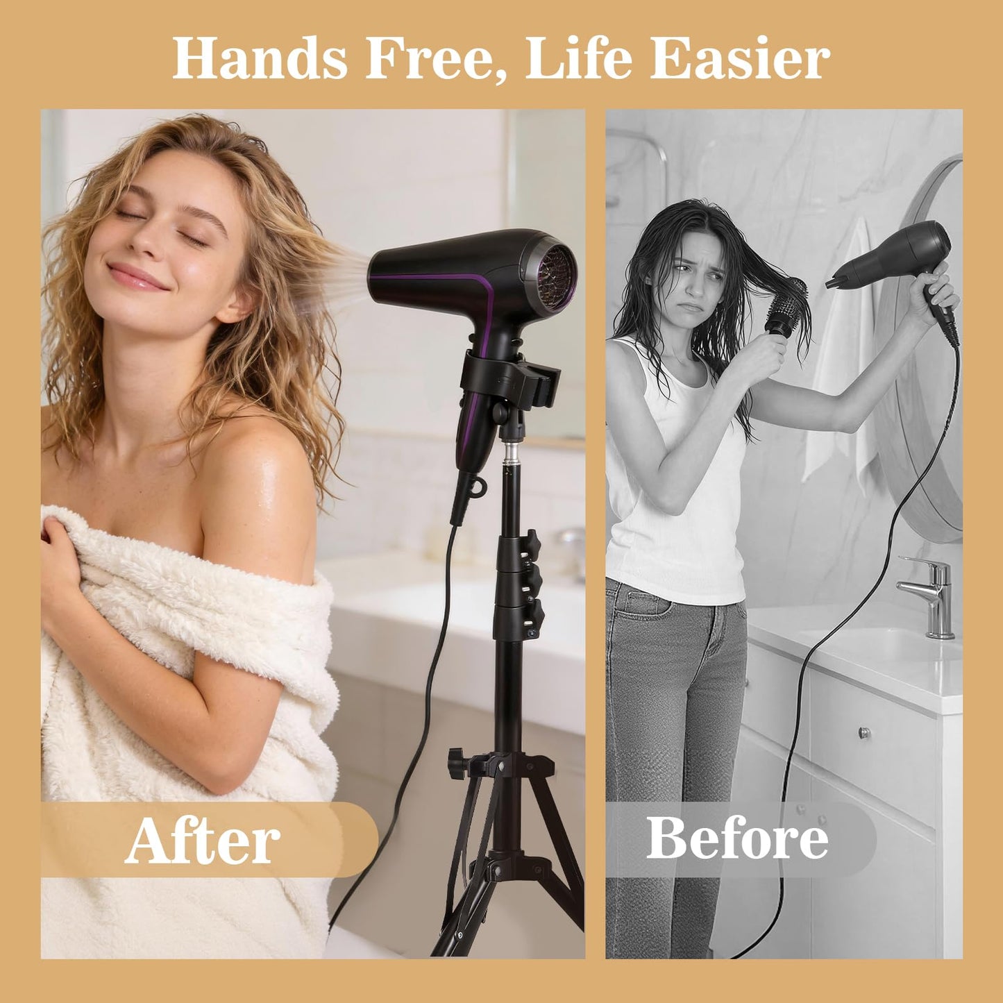 BUDSTR Hair Dryer Stand, Thickened Heavy Duty Metal Blow Dryer Holder with Reinforced Universal Anti-Scratch Clip, Anti-Tip Triangle Base for Bathroom, Vanity, Makeup Room, Home Hair Styling, Pet Grooming