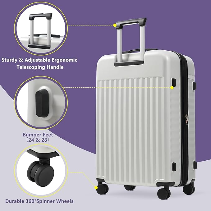 Merax 3 Piece Luggage Sets, Hardside Lightweight Carry on Suitcase,Durable Expandable Luggage with Travel Bags Spinner Wheels and TSA Lock,White Grey